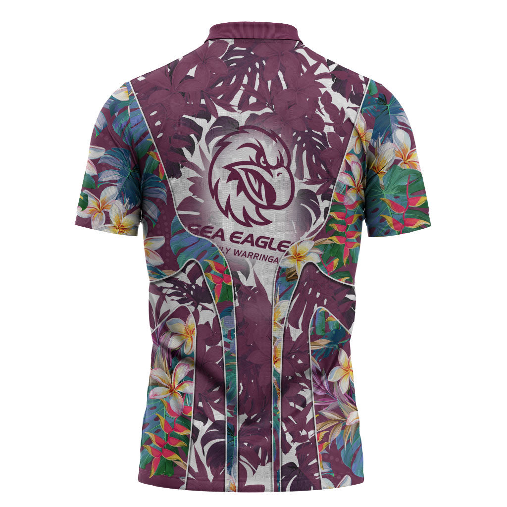 Manly Warringah Sea Eagles Zipper Polo Shirt Tropical Hibiscus Floral Pattern With Maroon And White Accents