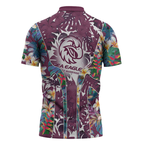 Manly Warringah Sea Eagles Zipper Polo Shirt Tropical Hibiscus Floral Pattern With Maroon And White Accents