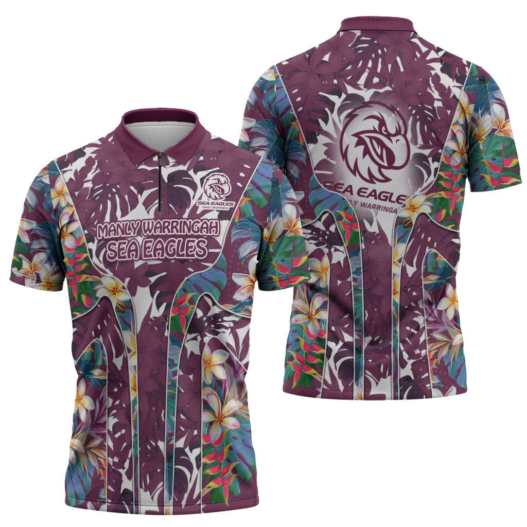 Manly Warringah Sea Eagles Zipper Polo Shirt Tropical Hibiscus Floral Pattern With Maroon And White Accents