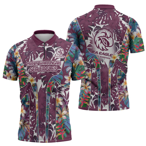 Manly Warringah Sea Eagles Zipper Polo Shirt Tropical Hibiscus Floral Pattern With Maroon And White Accents