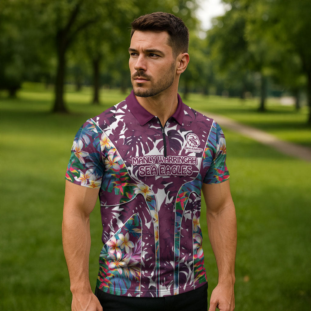 Manly Warringah Sea Eagles Zipper Polo Shirt Tropical Hibiscus Floral Pattern With Maroon And White Accents