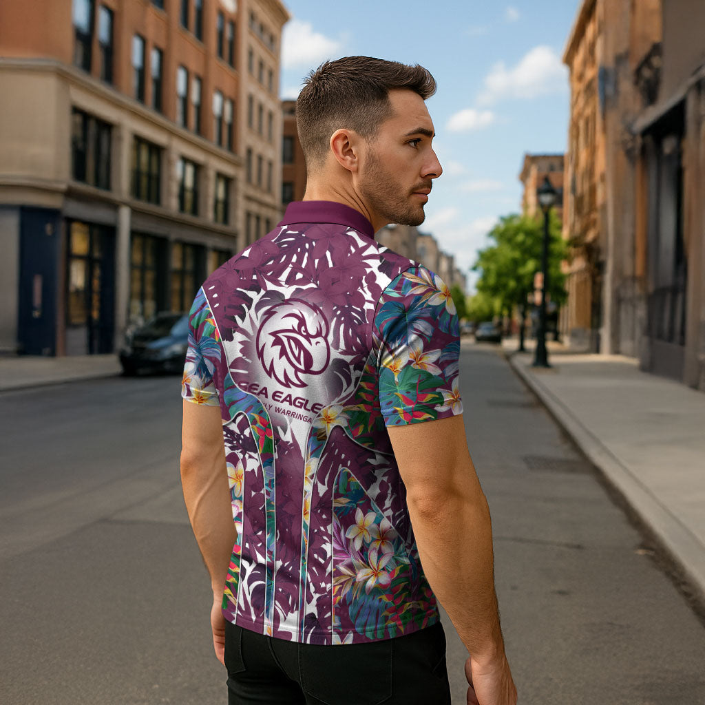 Manly Warringah Sea Eagles Zipper Polo Shirt Tropical Hibiscus Floral Pattern With Maroon And White Accents