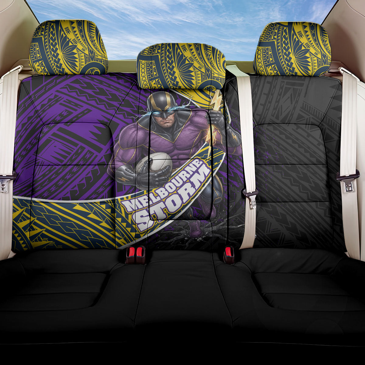Melbourne Storm Rugby Back Car Seat Cover Tribal Polynesian Power Art - Lightning Mascot