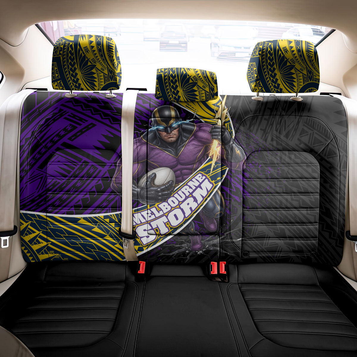 Melbourne Storm Rugby Back Car Seat Cover Tribal Polynesian Power Art - Lightning Mascot