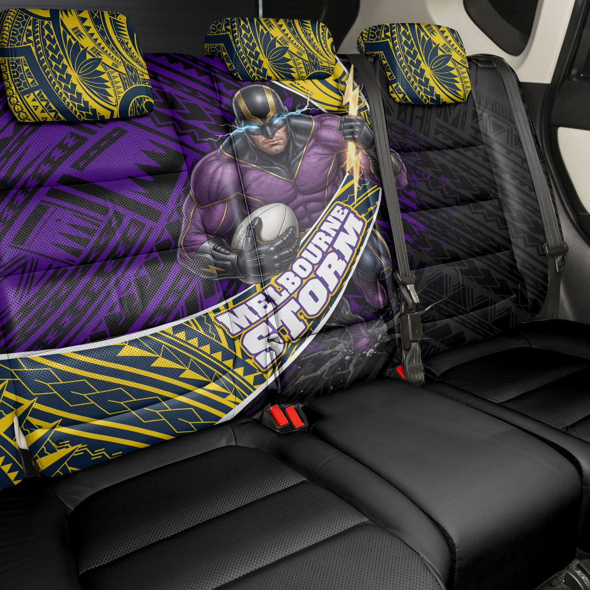 Melbourne Storm Rugby Back Car Seat Cover Tribal Polynesian Power Art - Lightning Mascot
