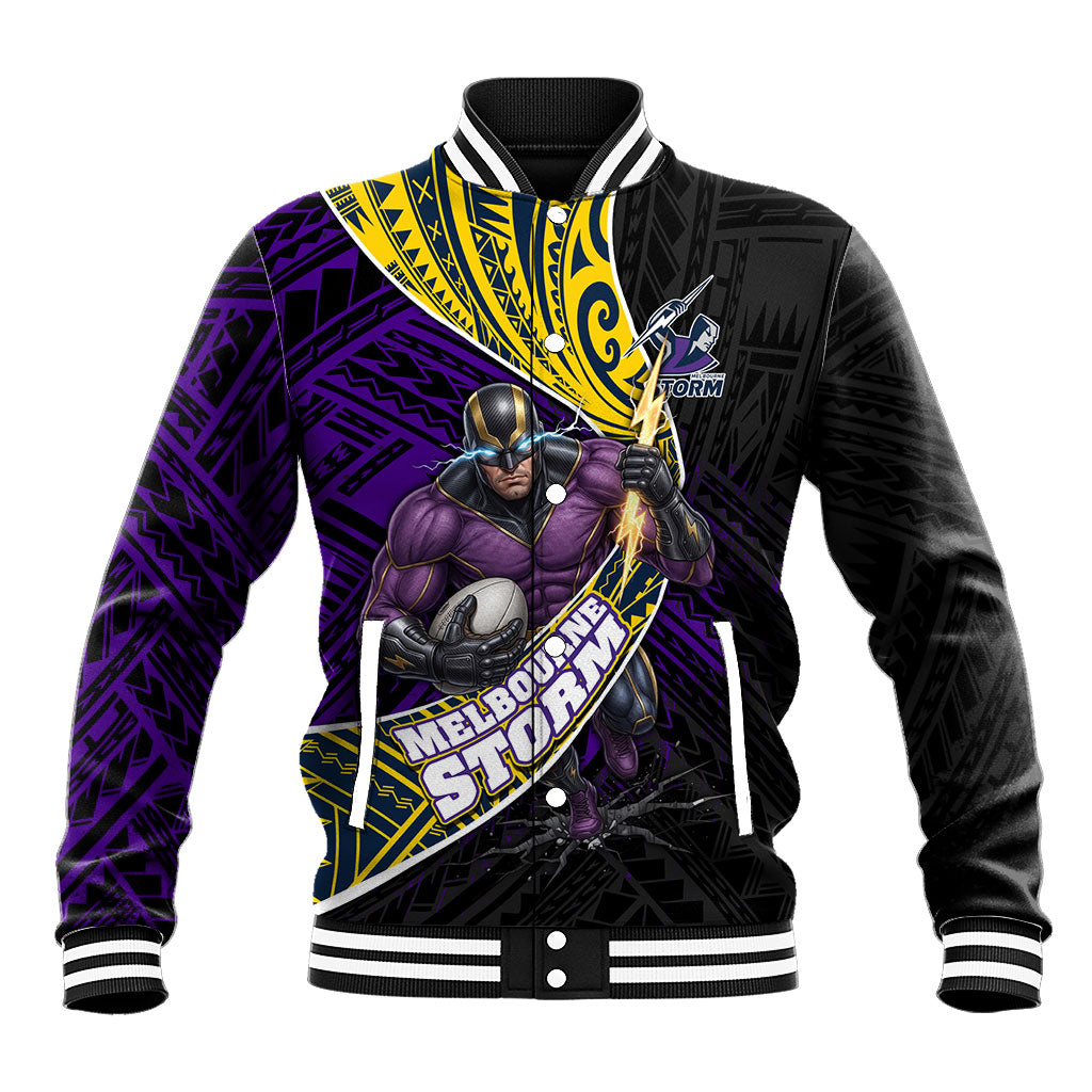 Melbourne Storm Rugby Baseball Jacket Tribal Polynesian Power Art - Lightning Mascot