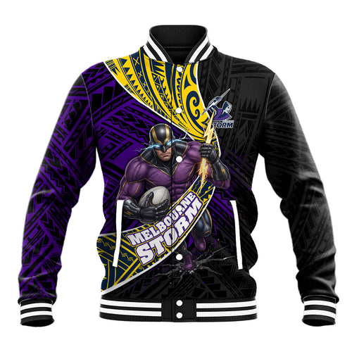 Melbourne Storm Rugby Baseball Jacket Tribal Polynesian Power Art - Lightning Mascot