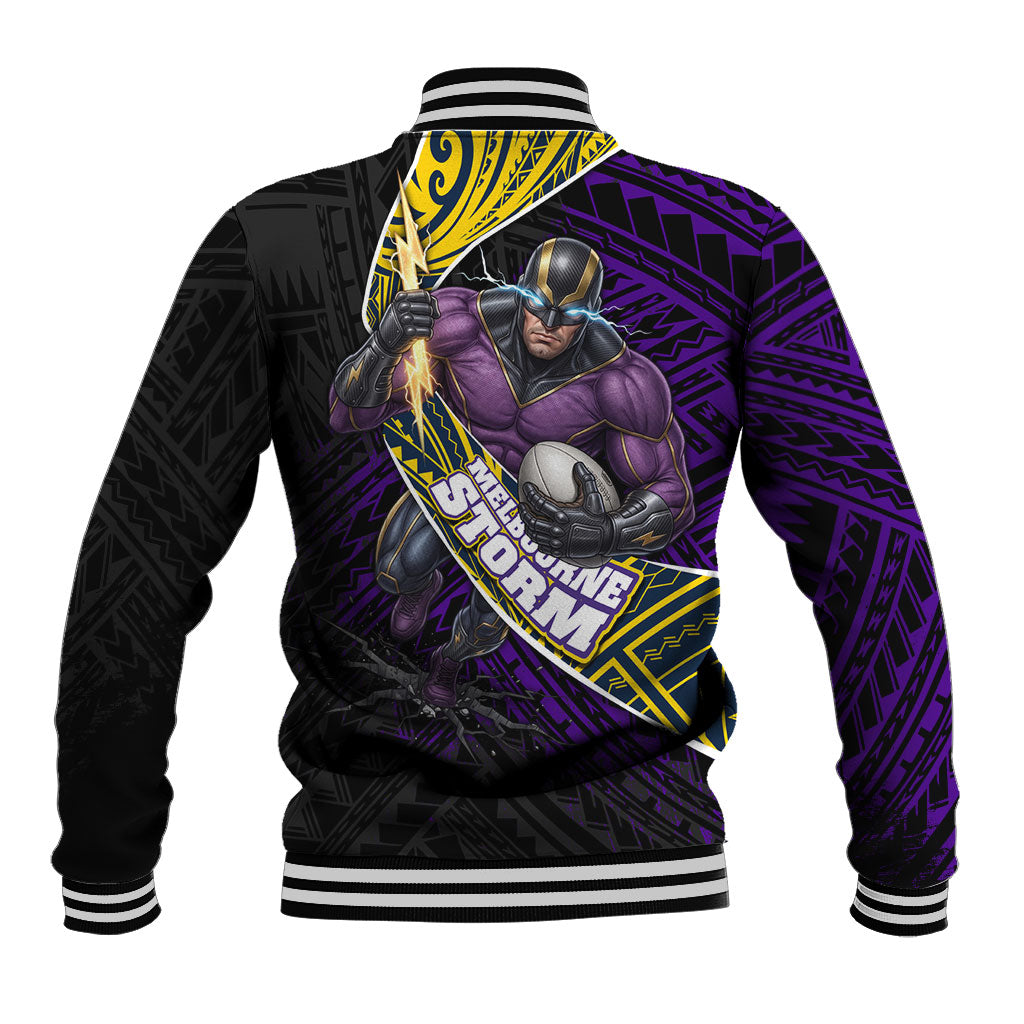 Melbourne Storm Rugby Baseball Jacket Tribal Polynesian Power Art - Lightning Mascot