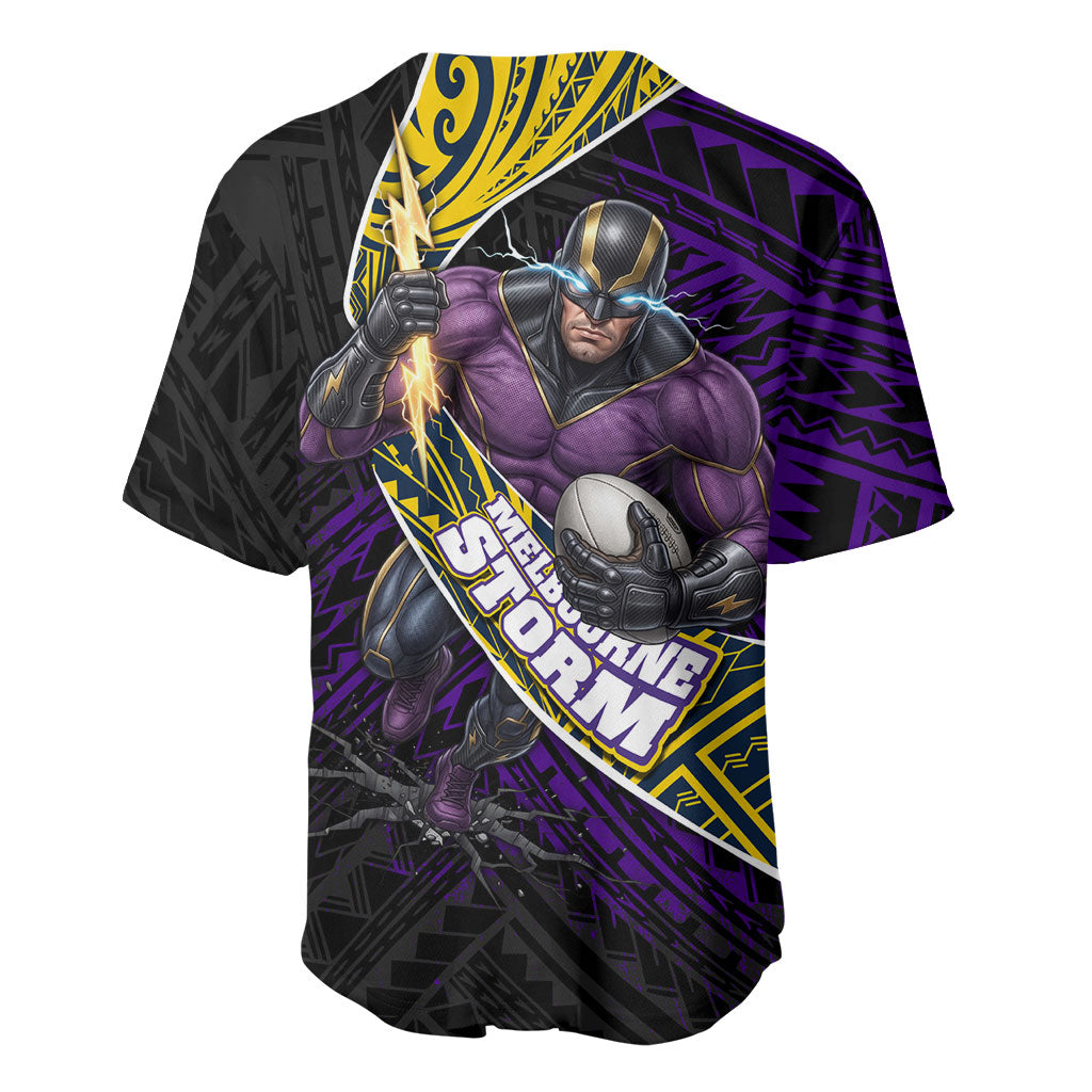 Melbourne Storm Rugby Baseball Jersey Tribal Polynesian Power Art - Lightning Mascot