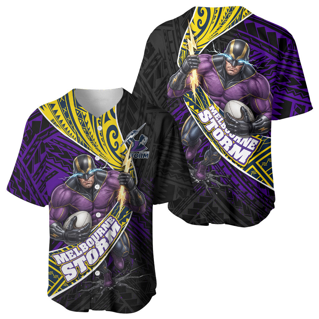 Melbourne Storm Rugby Baseball Jersey Tribal Polynesian Power Art - Lightning Mascot