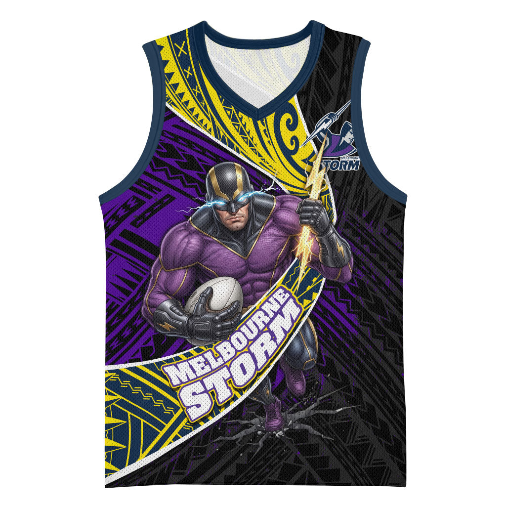 Melbourne Storm Rugby Basketball Jersey Tribal Polynesian Power Art - Lightning Mascot