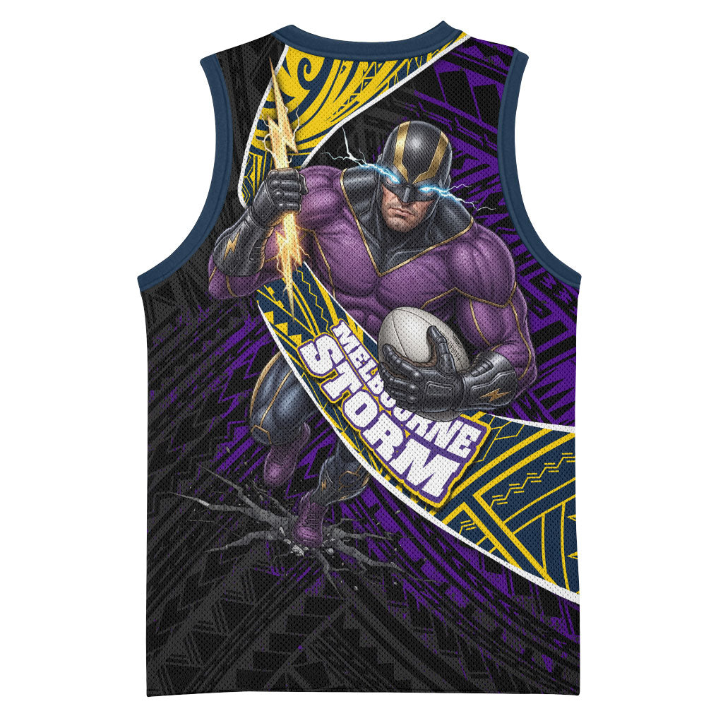 Melbourne Storm Rugby Basketball Jersey Tribal Polynesian Power Art - Lightning Mascot