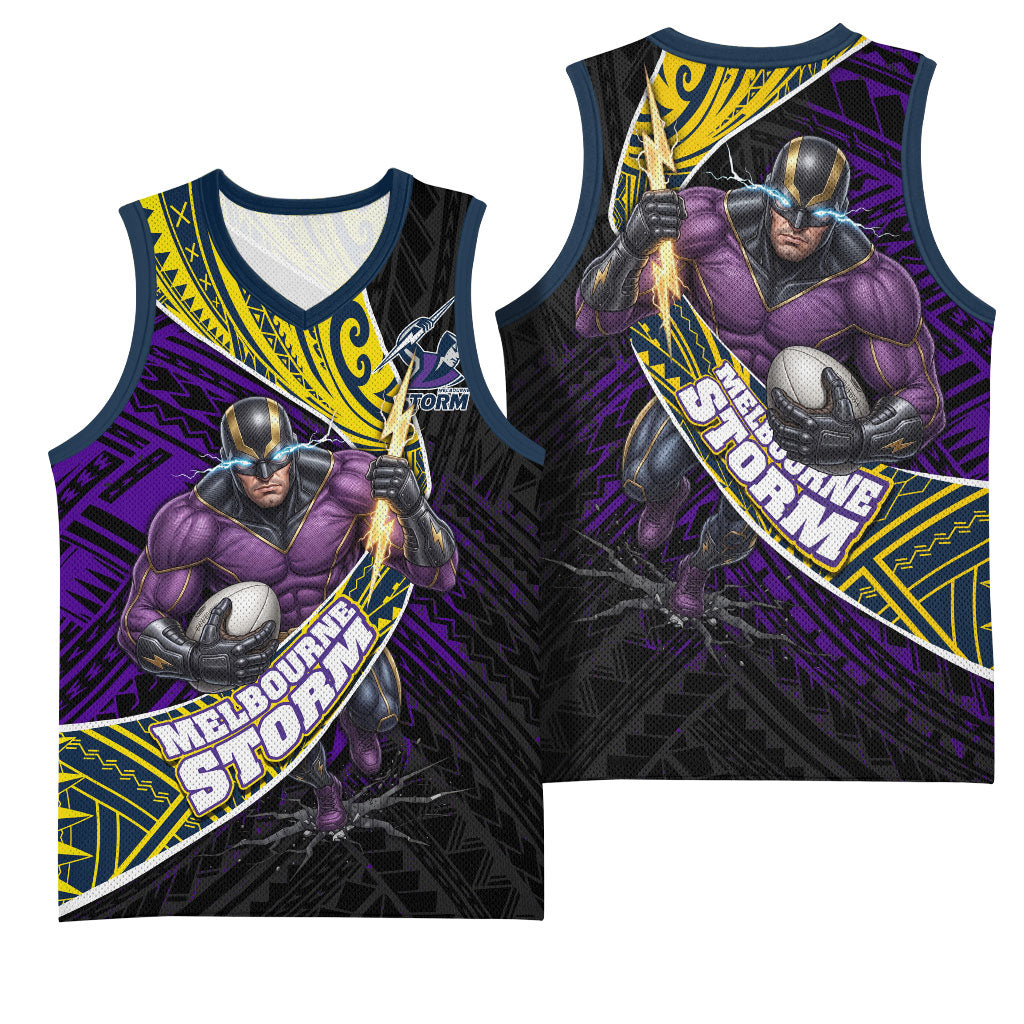 Melbourne Storm Rugby Basketball Jersey Tribal Polynesian Power Art - Lightning Mascot