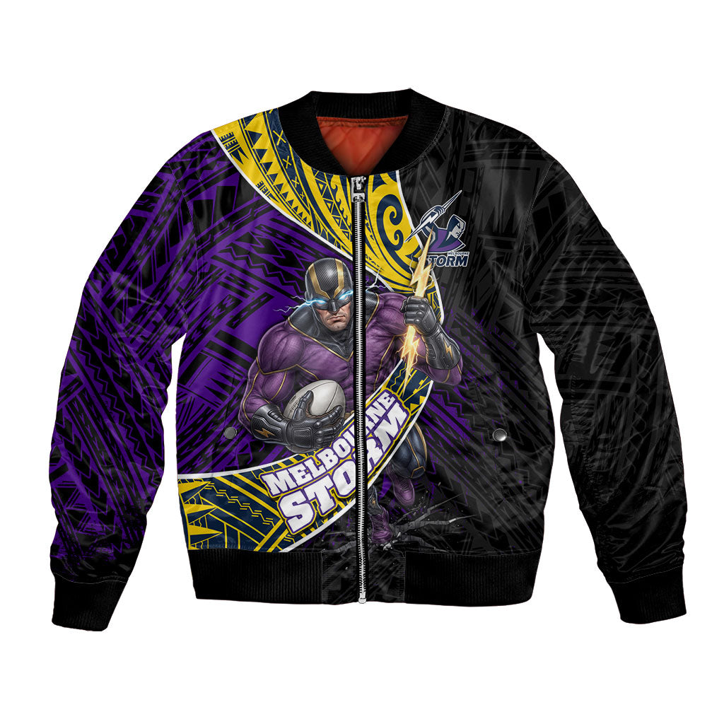 Melbourne Storm Rugby Bomber Jacket Tribal Polynesian Power Art - Lightning Mascot