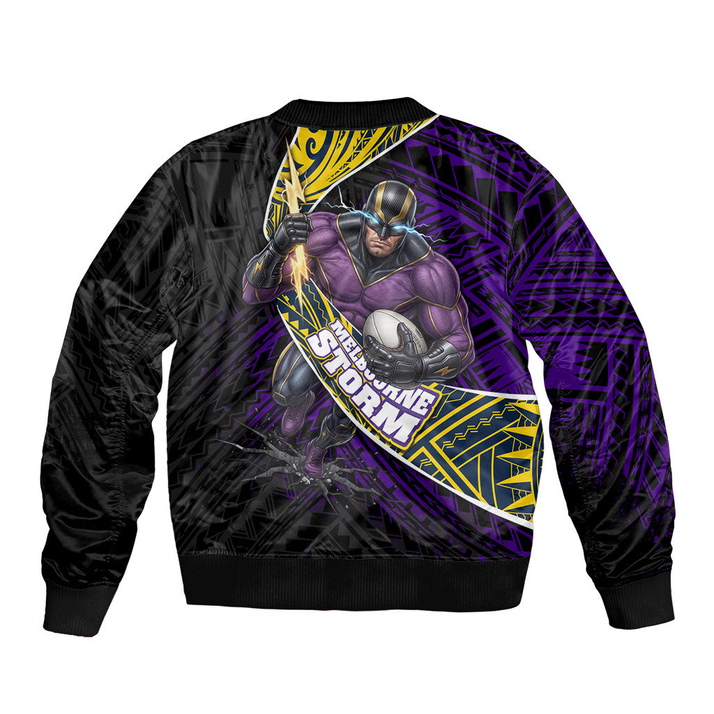 Melbourne Storm Rugby Bomber Jacket Tribal Polynesian Power Art - Lightning Mascot