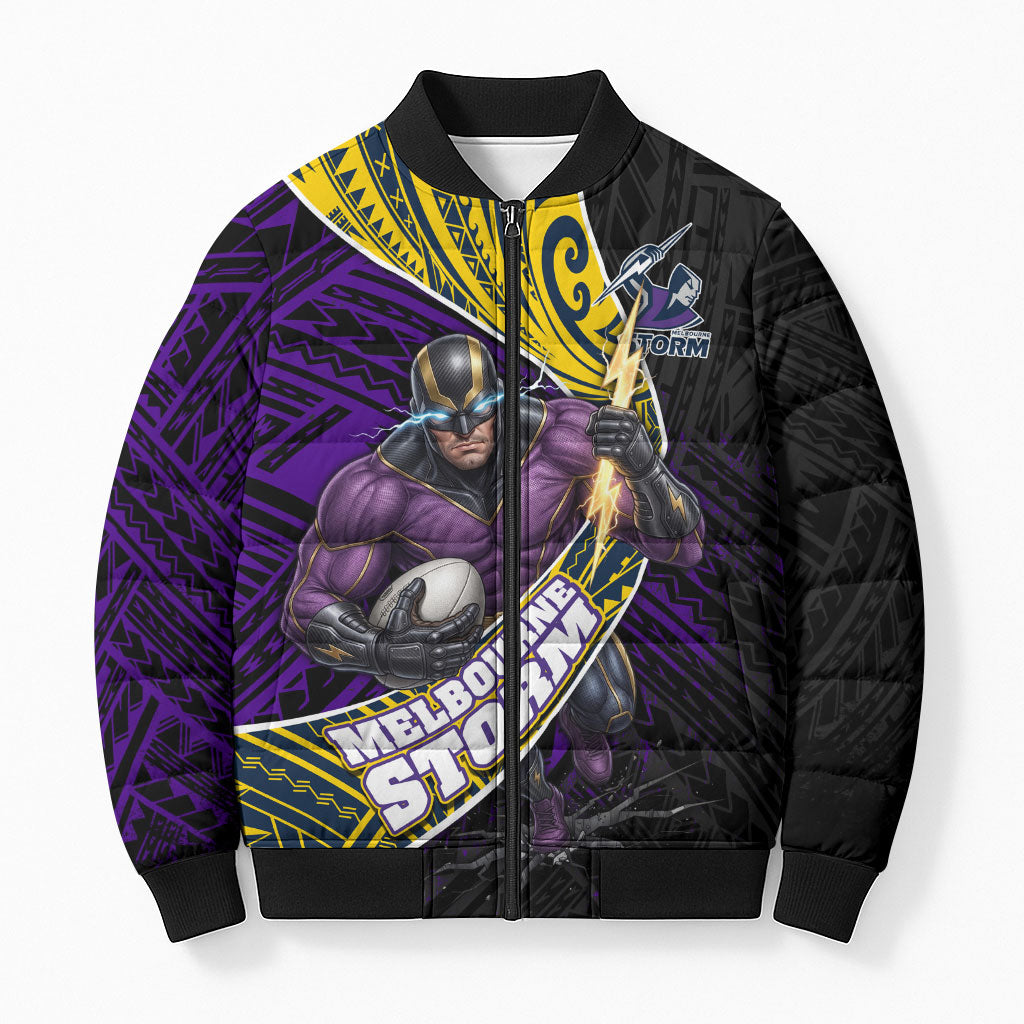 Melbourne Storm Rugby Bomber Puffer Jacket Tribal Polynesian Power Art - Lightning Mascot