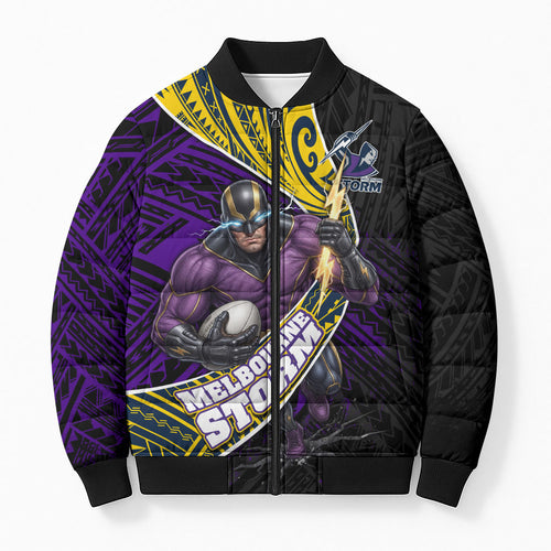 Melbourne Storm Rugby Bomber Puffer Jacket Tribal Polynesian Power Art - Lightning Mascot
