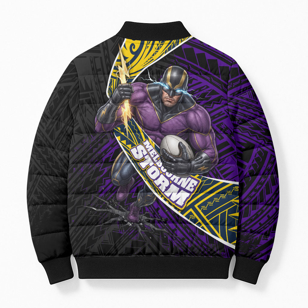 Melbourne Storm Rugby Bomber Puffer Jacket Tribal Polynesian Power Art - Lightning Mascot