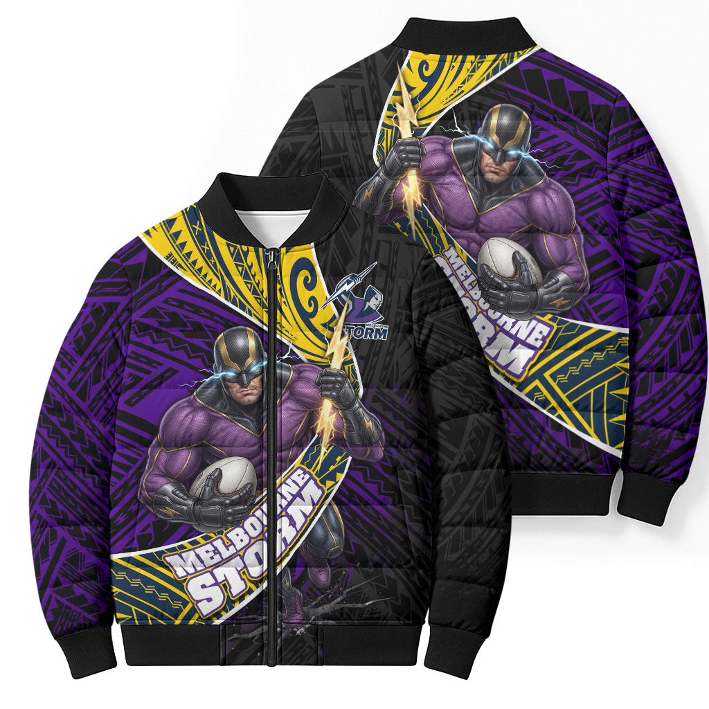 Melbourne Storm Rugby Bomber Puffer Jacket Tribal Polynesian Power Art - Lightning Mascot