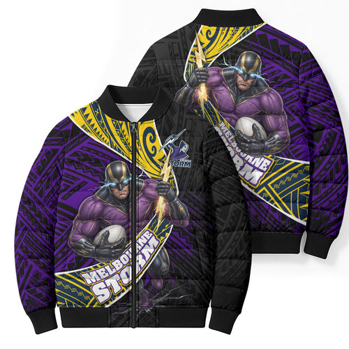 Melbourne Storm Rugby Bomber Puffer Jacket Tribal Polynesian Power Art - Lightning Mascot