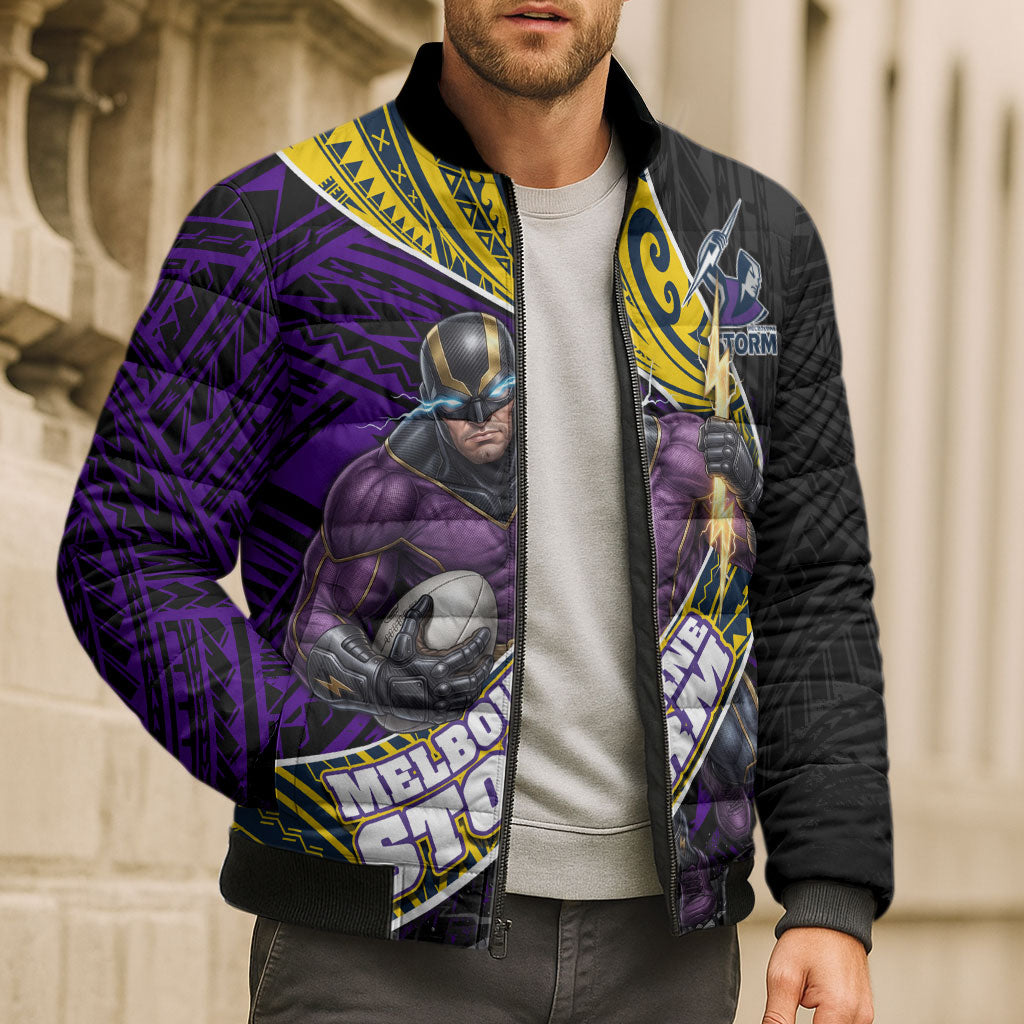 Melbourne Storm Rugby Bomber Puffer Jacket Tribal Polynesian Power Art - Lightning Mascot