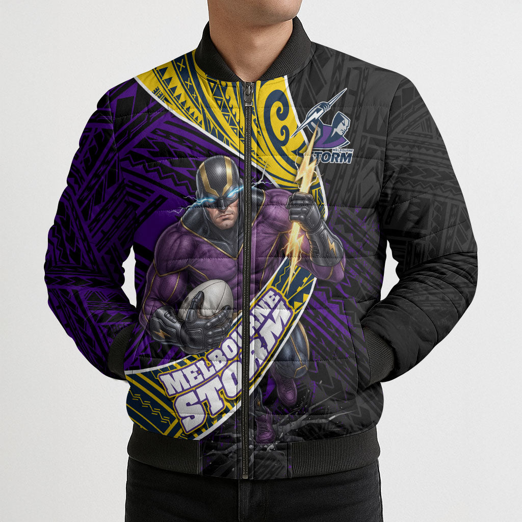 Melbourne Storm Rugby Bomber Puffer Jacket Tribal Polynesian Power Art - Lightning Mascot
