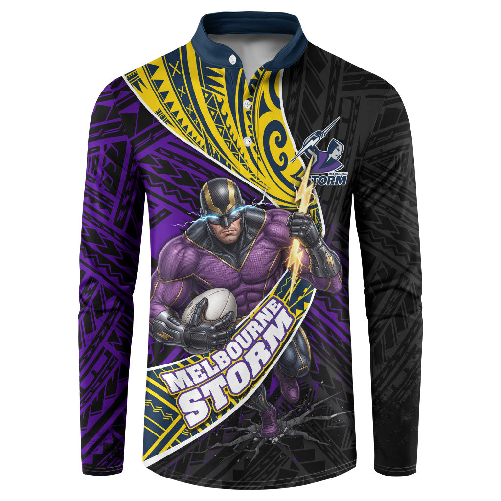 Melbourne Storm Rugby Button Sweatshirt Tribal Polynesian Power Art - Lightning Mascot