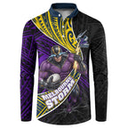Melbourne Storm Rugby Button Sweatshirt Tribal Polynesian Power Art - Lightning Mascot