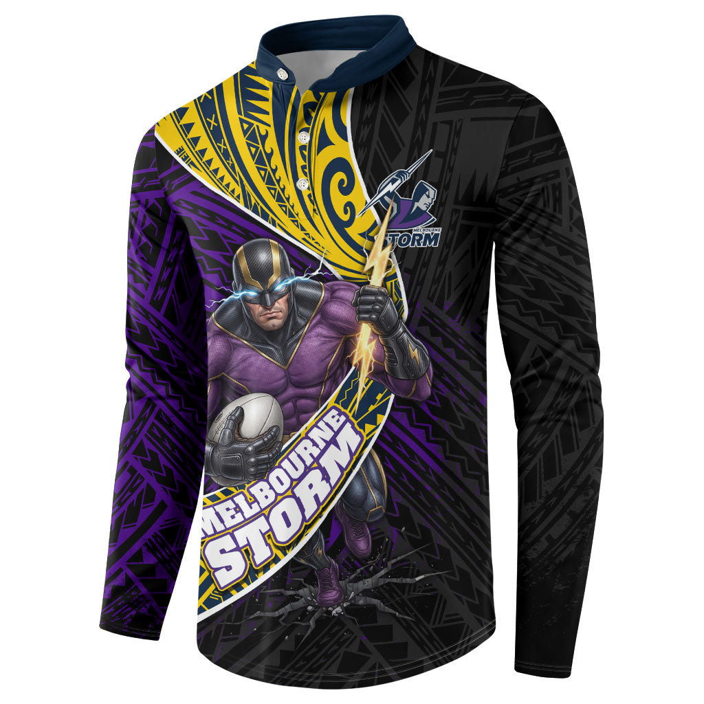Melbourne Storm Rugby Button Sweatshirt Tribal Polynesian Power Art - Lightning Mascot
