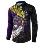 Melbourne Storm Rugby Button Sweatshirt Tribal Polynesian Power Art - Lightning Mascot