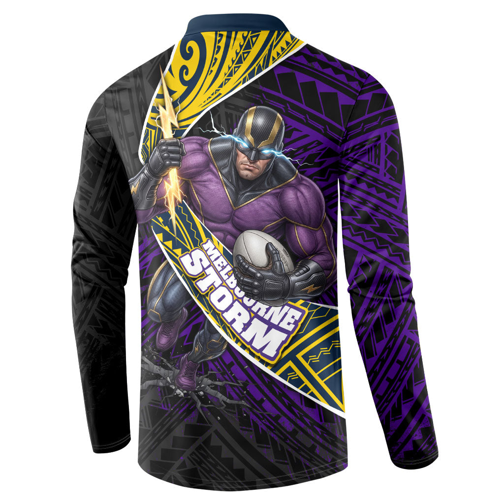 Melbourne Storm Rugby Button Sweatshirt Tribal Polynesian Power Art - Lightning Mascot