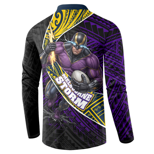 Melbourne Storm Rugby Button Sweatshirt Tribal Polynesian Power Art - Lightning Mascot