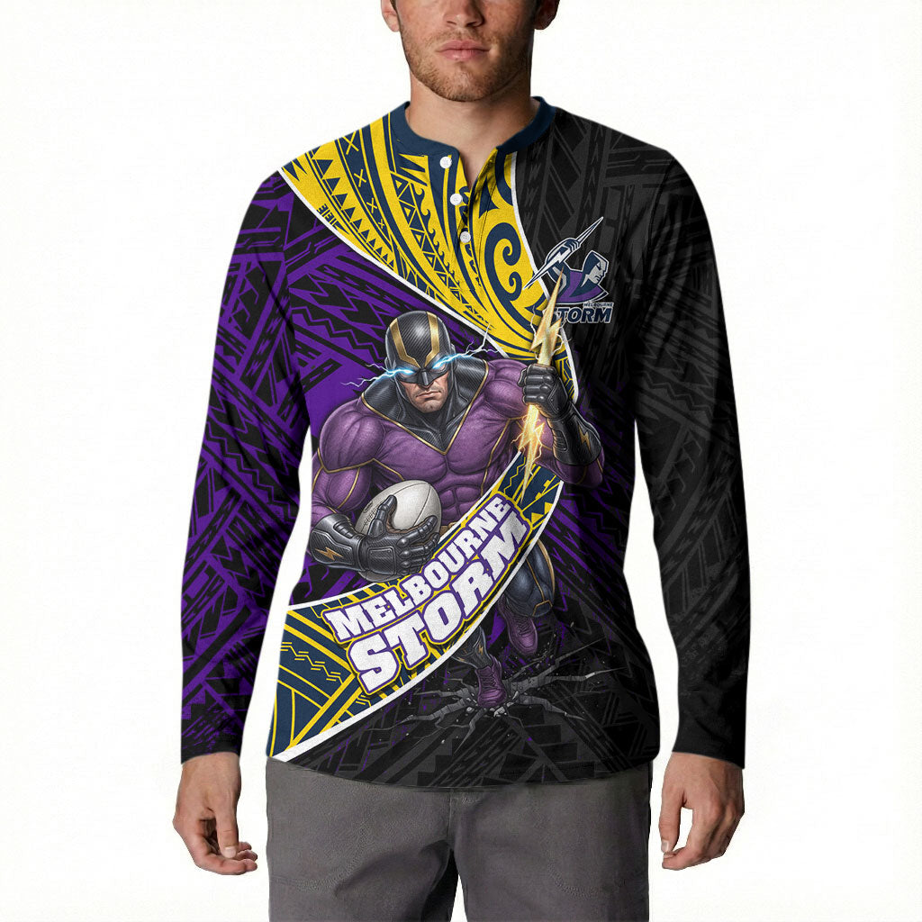 Melbourne Storm Rugby Button Sweatshirt Tribal Polynesian Power Art - Lightning Mascot