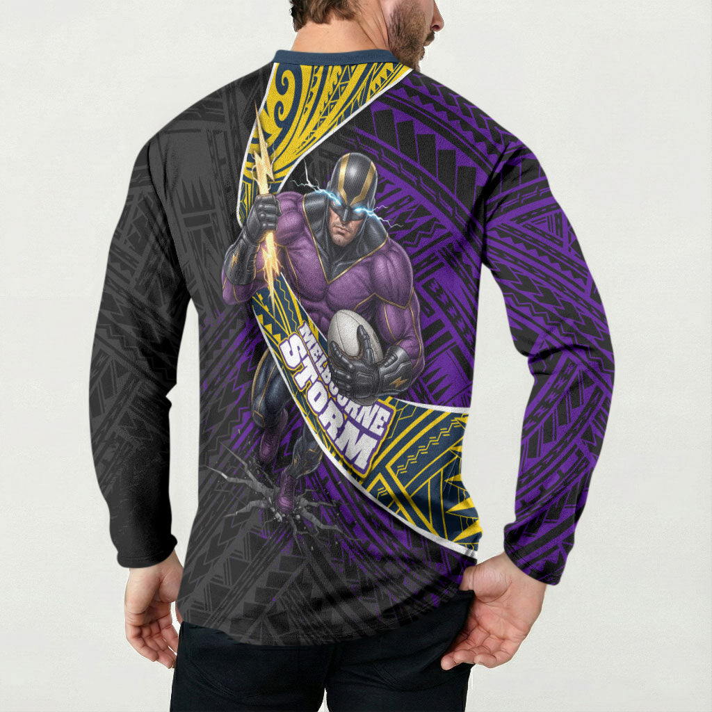 Melbourne Storm Rugby Button Sweatshirt Tribal Polynesian Power Art - Lightning Mascot