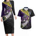 Melbourne Storm Rugby Couples Matching Long Sleeve Bodycon Dress and Hawaiian Shirt Tribal Polynesian Power Art - Lightning Mascot