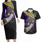 Melbourne Storm Rugby Couples Matching Long Sleeve Bodycon Dress and Hawaiian Shirt Tribal Polynesian Power Art - Lightning Mascot