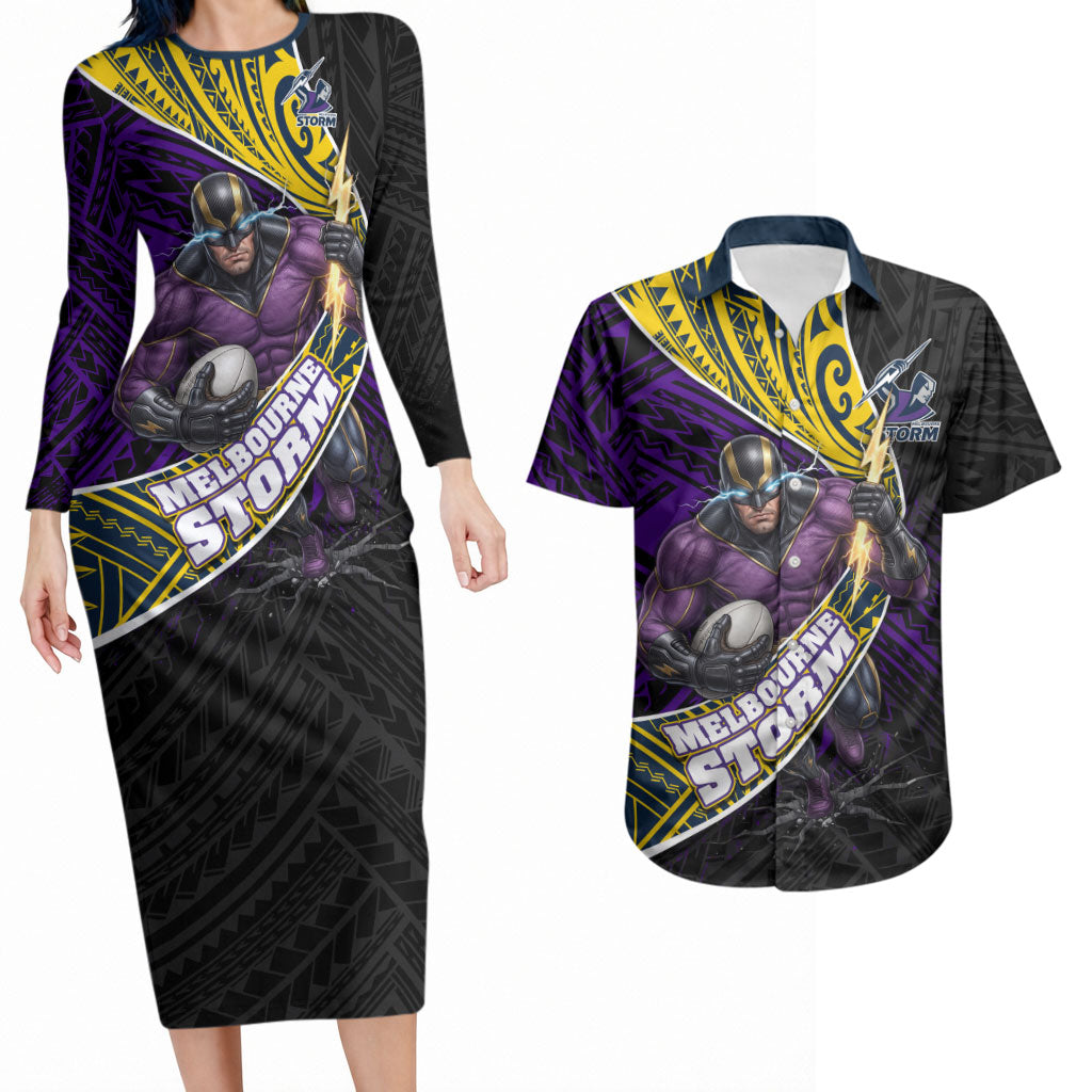 Melbourne Storm Rugby Couples Matching Long Sleeve Bodycon Dress and Hawaiian Shirt Tribal Polynesian Power Art - Lightning Mascot