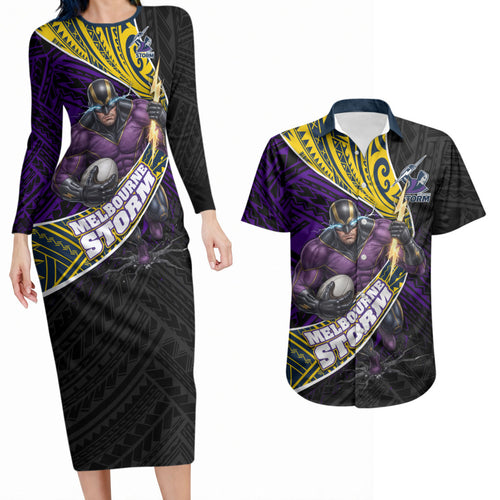 Melbourne Storm Rugby Couples Matching Long Sleeve Bodycon Dress and Hawaiian Shirt Tribal Polynesian Power Art - Lightning Mascot