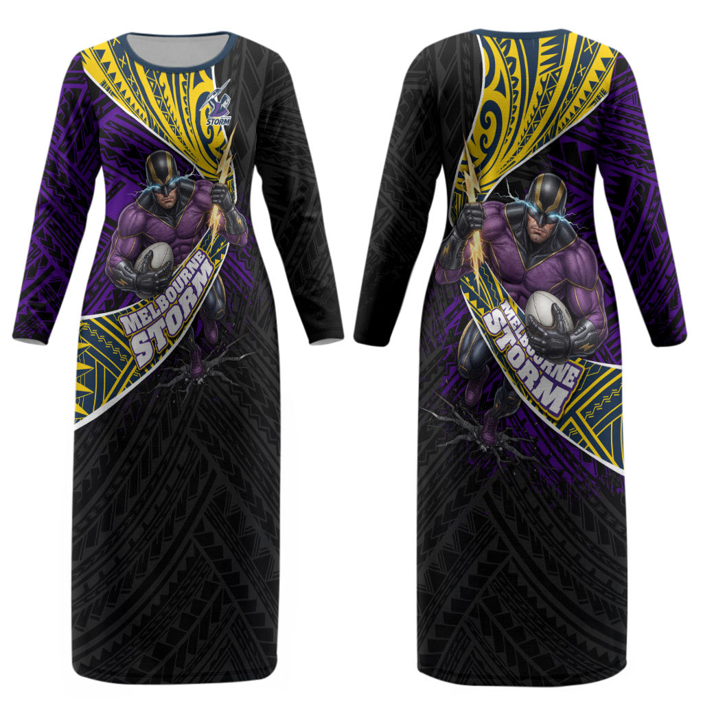 Melbourne Storm Rugby Couples Matching Long Sleeve Bodycon Dress and Hawaiian Shirt Tribal Polynesian Power Art - Lightning Mascot