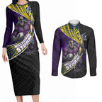 Melbourne Storm Rugby Couples Matching Long Sleeve Bodycon Dress and Long Sleeve Button Shirt Tribal Polynesian Power Art - Lightning Mascot