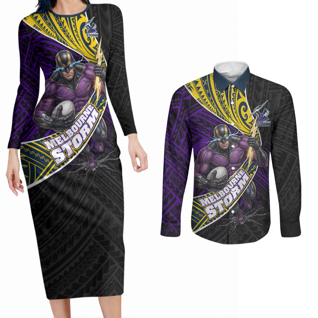 Melbourne Storm Rugby Couples Matching Long Sleeve Bodycon Dress and Long Sleeve Button Shirt Tribal Polynesian Power Art - Lightning Mascot