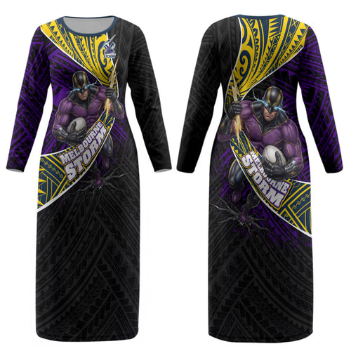 Melbourne Storm Rugby Couples Matching Long Sleeve Bodycon Dress and Long Sleeve Button Shirt Tribal Polynesian Power Art - Lightning Mascot
