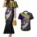 Melbourne Storm Rugby Couples Matching Mermaid Dress and Hawaiian Shirt Tribal Polynesian Power Art - Lightning Mascot