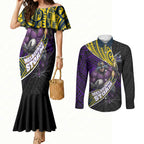 Melbourne Storm Rugby Couples Matching Mermaid Dress and Long Sleeve Button Shirt Tribal Polynesian Power Art - Lightning Mascot