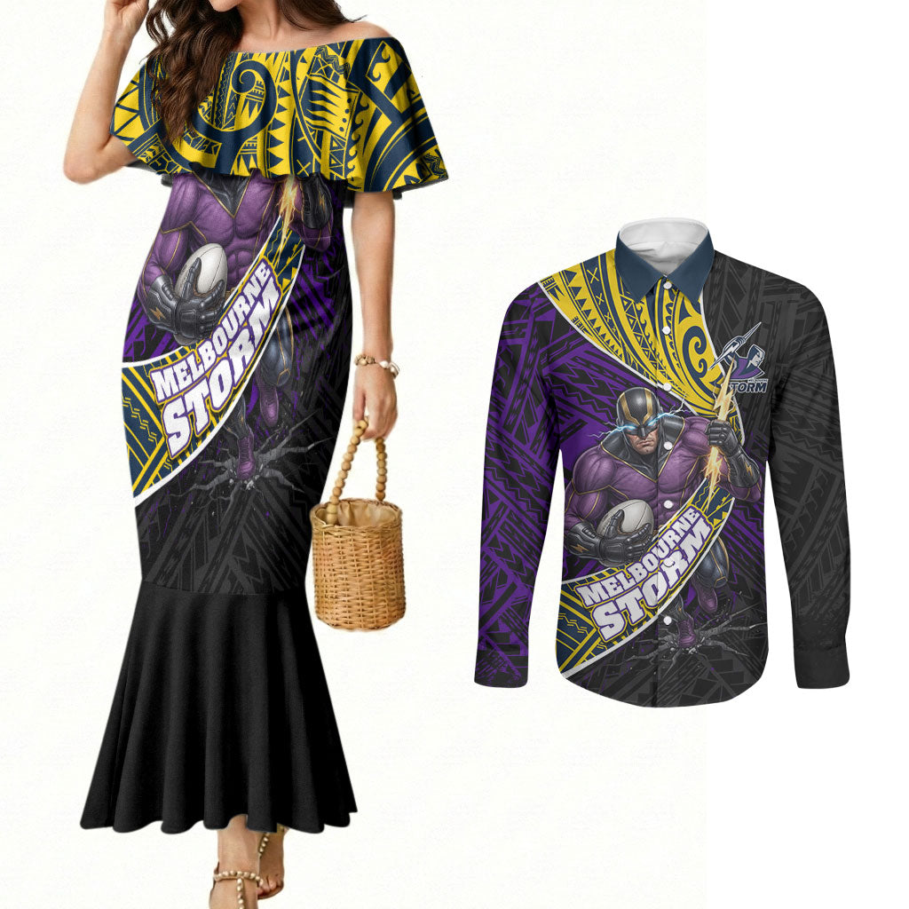 Melbourne Storm Rugby Couples Matching Mermaid Dress and Long Sleeve Button Shirt Tribal Polynesian Power Art - Lightning Mascot