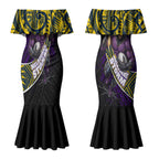 Melbourne Storm Rugby Couples Matching Mermaid Dress and Long Sleeve Button Shirt Tribal Polynesian Power Art - Lightning Mascot
