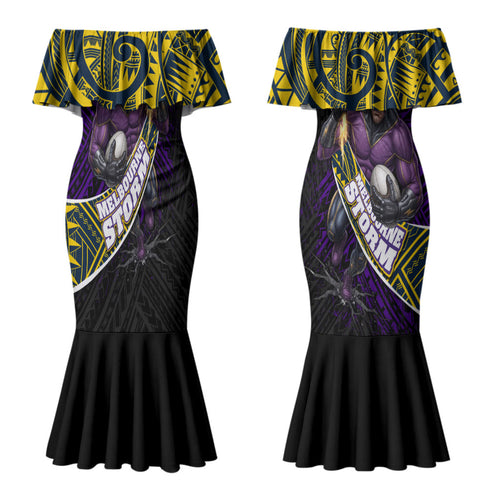 Melbourne Storm Rugby Couples Matching Mermaid Dress and Long Sleeve Button Shirt Tribal Polynesian Power Art - Lightning Mascot