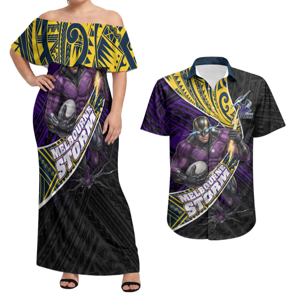 Melbourne Storm Rugby Couples Matching Off Shoulder Maxi Dress and Hawaiian Shirt Tribal Polynesian Power Art - Lightning Mascot