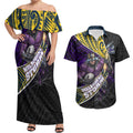 Melbourne Storm Rugby Couples Matching Off Shoulder Maxi Dress and Hawaiian Shirt Tribal Polynesian Power Art - Lightning Mascot