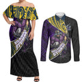 Melbourne Storm Rugby Couples Matching Off Shoulder Maxi Dress and Long Sleeve Button Shirt Tribal Polynesian Power Art - Lightning Mascot